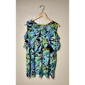 Catherines Top Size 1X 18-20 Cold Shoulder Criss Cross Neckline Hawaiian